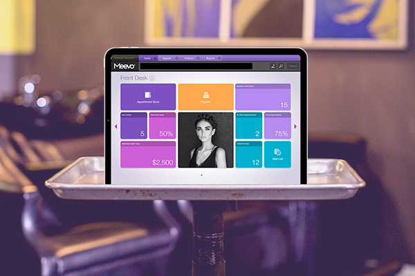 tablet with Meevo sitting on a salon work table