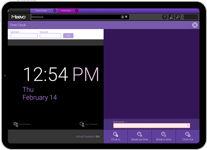 Meevo Time Clock in a tablet